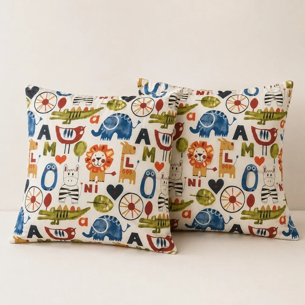Safari Animal Alphabet Cotton Throw Cushion Cover Nursery Decor 18x18 MultiColor